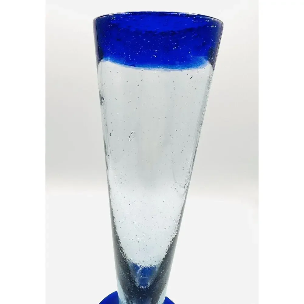Vintage Mexican Hand Blown footed Glass Vase Cobalt Blue Rim & Base 9''